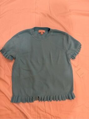 Ruffle-Hem Short Sleeve Sweater - Blue